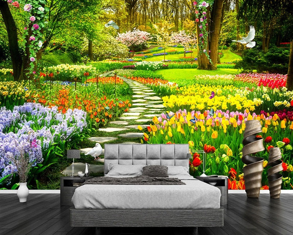 3D Wallpaper Flower Garden Path